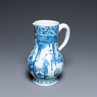 A Chinese blue and white ewer with a lady in an interior, Yongzheng