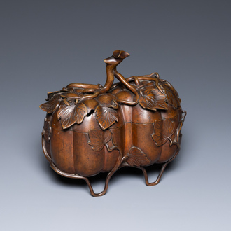 A Chinese bronze censer and cover in the shape of two pumpkins, 19th C.