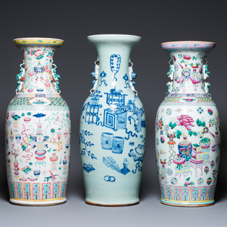 Two Chinese famille rose vases and a blue and white celadon-ground vase with antiquities, 19th C.