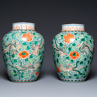 A pair of Chinese famille verte 'phoenix' vases, 19th C.