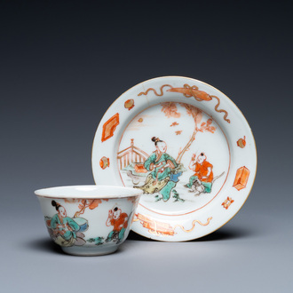 A Chinese famille verte cup and saucer, Kangxi