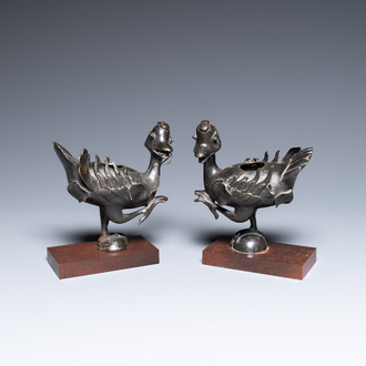A pair of Chinese bronze 'mandarin ducks' censers, Ming