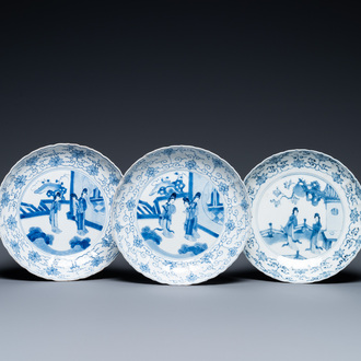 Three Chinese blue and white plates, Chenghua and Jiajing marks, Kangxi