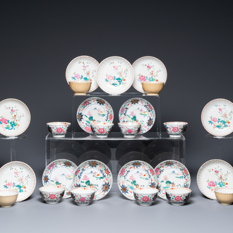 Thirteen Chinese famille rose saucers and twelve cups, Qianlong