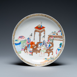 A fine Chinese famille rose plate with a mother, her son and their servant in an interior, Yongzheng