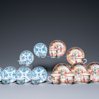 Six Chinese blue and white cups and saucers, six famille rose cups and five saucers, Kangxi/Qianlong