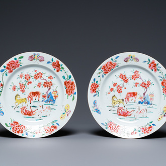 A pair of Chinese famille rose 'horse' plates, Yongzheng/Qianlong