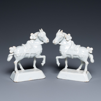 A pair of white Dutch Delft horses, 18th C.