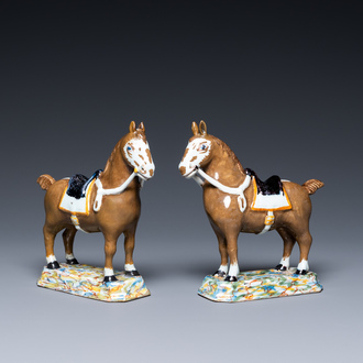 A pair of polychrome Dutch Delft horses, 18th C.