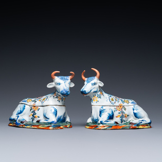 A pair of polychrome Dutch Delft cow-shaped tureens, 18th C.