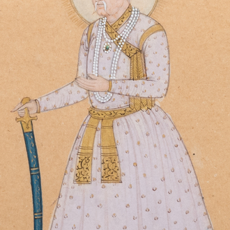 Indian school miniature: 'Portrait of an emperor', ink and colour on paper, 19th C.