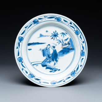 A Chinese blue and white ko-sometsuke plate for the Japanese market with a remarkable baking flaw, Transitional period