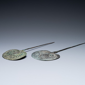 Two large Luristan bronze disc-headed clothing pins, Iran, 1st millenium BC