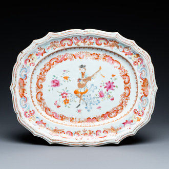 An oval Chinese famille rose dish with a European musician, Qianlong