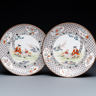 A pair of Chinese Canton enamel 'foreigner' plates, Qianlong