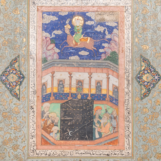 Perzische school, miniatuur: 'De Profeet Mohammed rijdt op zijn paard Buraq', gouache met goud opgehoogd op papier, 19e eeuw