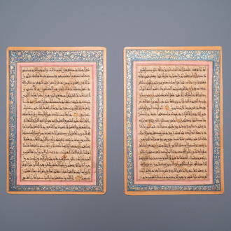 Two Timurid illuminated Quran leaves in Kufic script, Persia, 15/16th C.