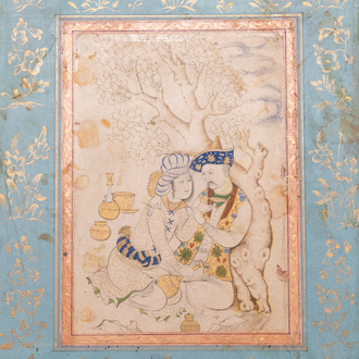 A Persian miniature on paper: 'Loving couple leaning against a tree', 18/19th C.