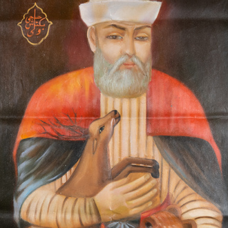 Persian school: Haji Bektash Veli with a deer and a lion, oil on canvas, 20th C.