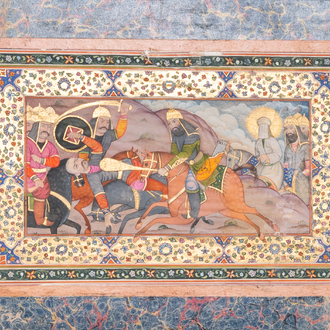 Qajar school miniature: 'The battle of Karbala', gouache and gilding on paper, Iran, 19/20th C.