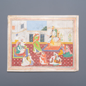 Ecole indienne, miniature: 'Entretien avec le Maharaja Ranjit Singh', pigments opaques rehaussés d'or sur papier, 19ème