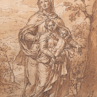 Pieter (Peter) van Lint (Anvers, 1609-1690): 'Sainte Anne trinitaire', encre et lavis sur papier