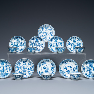 Ten Chinese blue and white saucers and nine cups, Kangxi