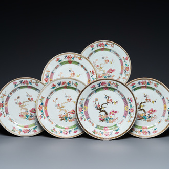 Six Chinese famille rose plates with blossoming branches, Yongzheng