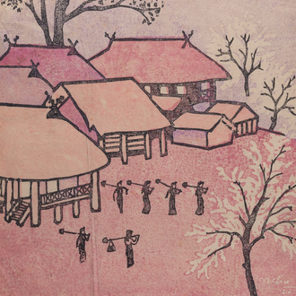 Nguyen Thu (Vietnam, 1930-): 'Workers at a mountain stilt house village', linocut, signed and dated 1988