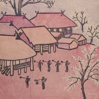 Nguyen Thu (Vietnam, 1930-): 'Workers at a mountain stilt house village', linogravure, signé et daté 1988