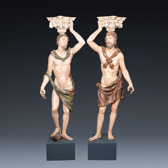 Hercules and Mercury, a pair of impressive large polychromed wooden telamons, Northern Italy, 17th C.