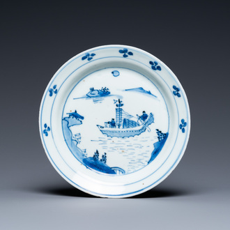 A Chinese blue and white ko-sometsuke 'ship' plate for the Japanese market, Transitional period