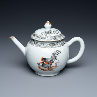 A Chinese grisaille 'mating hen and rooster' teapot and cover, Yongzheng/Qianlong