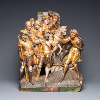 A polychromed walnut wood retable fragment depicting soldiers, Spain, 1st half 16th C.