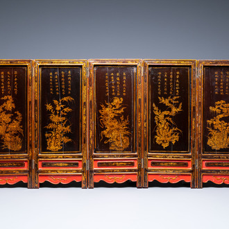 A Vietnamese five-panel lacquered wooden screen, 19th C.