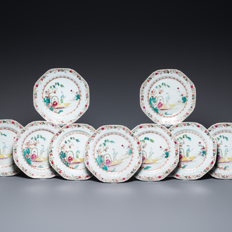 Nine Chinese famille rose plates with a couple in a boat, Qianlong