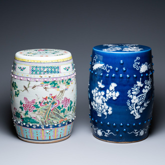 Two Chinese garden seats in famille rose and white slip-decorated blue-ground porcelain, 19th C.