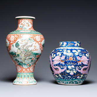 A Chinese famille verte 'mythical animals' vase and a famille rose jar and cover with dragons, 19/20th C.