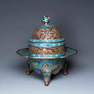 A large Chinese cloisonné tripod censer and cover, 19th C.