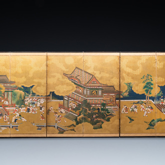 A Japanese painted six-panel 'Byobu' folding screen with playing boys, Edo, 18/19th C.