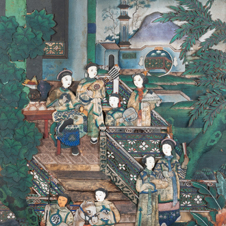 Ecole de Canton: 'Personnages dans un jardin aux terrasses', peinture en relief au collage en papier, 19ème