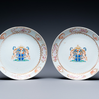 A pair of Chinese famille rose armorial dishes with the arms of 'Van der Cruyce' for the Belgian market, Qianlong