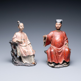 A pair of Chinese painted pottery nodding head figures, Qianlong
