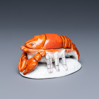 A Chinese polychrome box and cover in the shape of a lobster, 19th C.