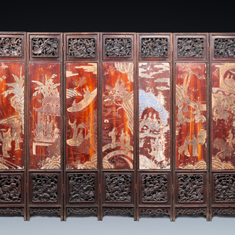 A Chinese nine-panel coromandel lacquer screen, dated 1797