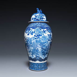 A massive Japanese blue and white Seto vase and cover with shishi and an eagle, Meiji, 19th C.