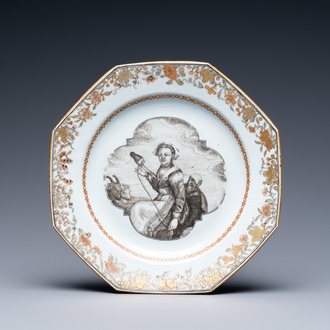 A Chinese octagonal grisaille and gilt plate with a weaving lady, Qianlong