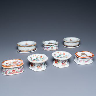 A collection of seven Chinese famille rose and armorial salts, Qianlong