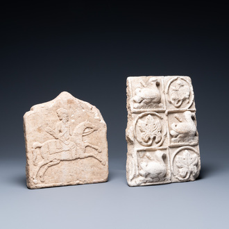 Un fragment d'un carreau en marbre à décor d'un cavalier et un en grès sculpté aux oiseaux et rinceaux floraux, Perse, 13ème et/ou après