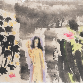 Ly Truc Son (Vietnam, 1949-): 'Woman with a candle', watercolour on paper, ca. 1989
